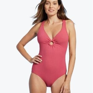 KONA SOL Wide Rib Center Ring Medium Coverage One Piece Swimsuit Salmon Pink L